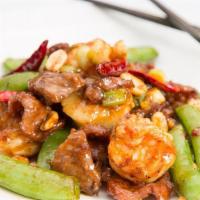 Kung Po Three Combo (Spicy) · Fresh Wagyu, Sea Scallops and Wild Prawns Sauteed with Scallions and Peanuts in a Tangy Szec...