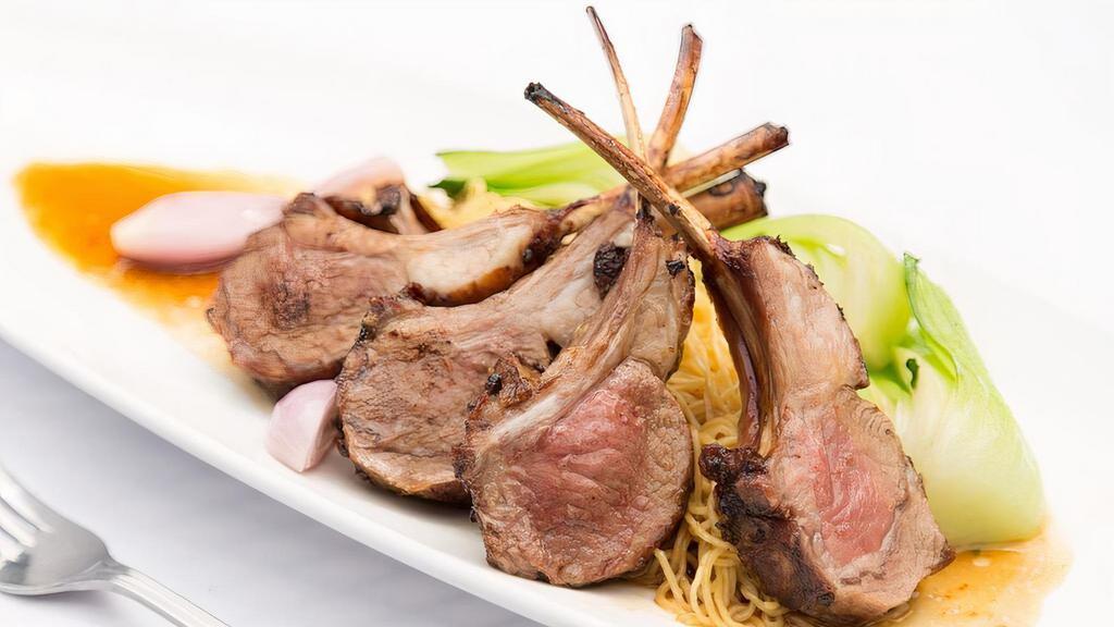 Roast Rack Of Lamb · With Rosemary, Szechuan Peppercorn and Sauteed Vegetables with Garlic Noodles