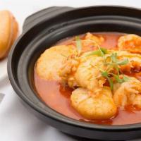 Happy Family (Spicy) · Stir-Fried Atlantic Lobster Tail, Wild White Mexican Prawns, Fresh Jumbo Sea Scallops in Spi...