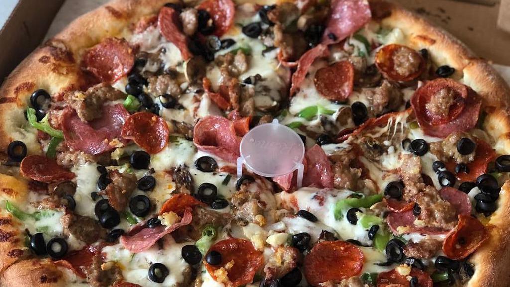 Express Special · Salami, pepperoni, sausage, mushroom, garlic bell peppers, olives, onions, cheese.