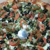 Vegetarian Special · Mushroom, olives, bell peppers, onion, fresh tomatoes, garlic, pesto, cheese.