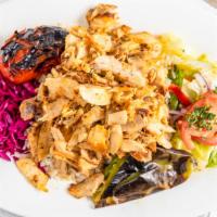 2. Chicken Gyro Plate · Thin cut chicken gyro cooked on vertical grill, served with rice pilaf, house salad, pickled...