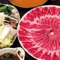 Shabu for 4 · Including: 2 appetizers, 4 large raw meats, 4 assorted raw veggies/udon, large rice.