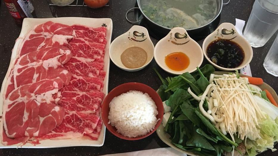 Shabu for 6 · Including: 3 appetizers, 6 large raw meats, 6 assorted raw veggies/udon, large rice.