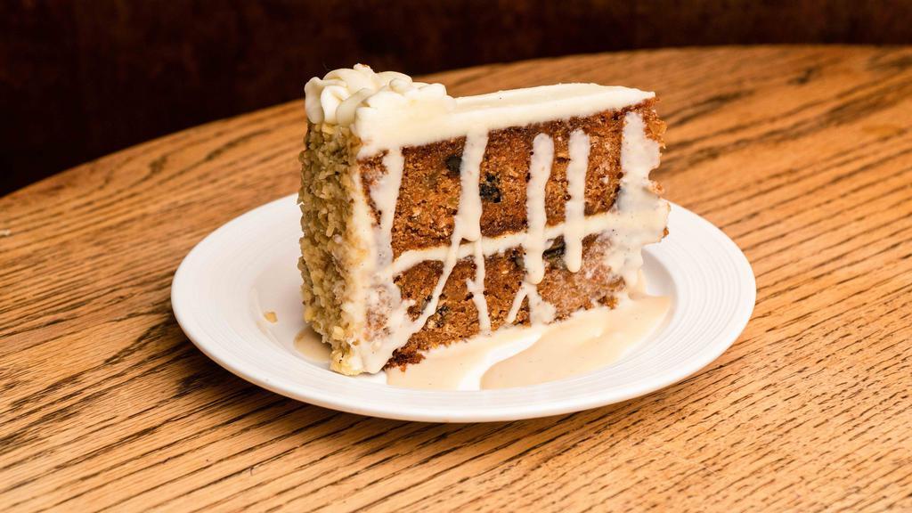 Carrot Cake · Carrots, pineapple, walnuts, coconut, and cream cheese frosting.