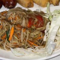B1. Papaya Salad · Contains nuts. Lao - green papaya, tomatoes in lime juice, crab paste and fish paste. Thai -...