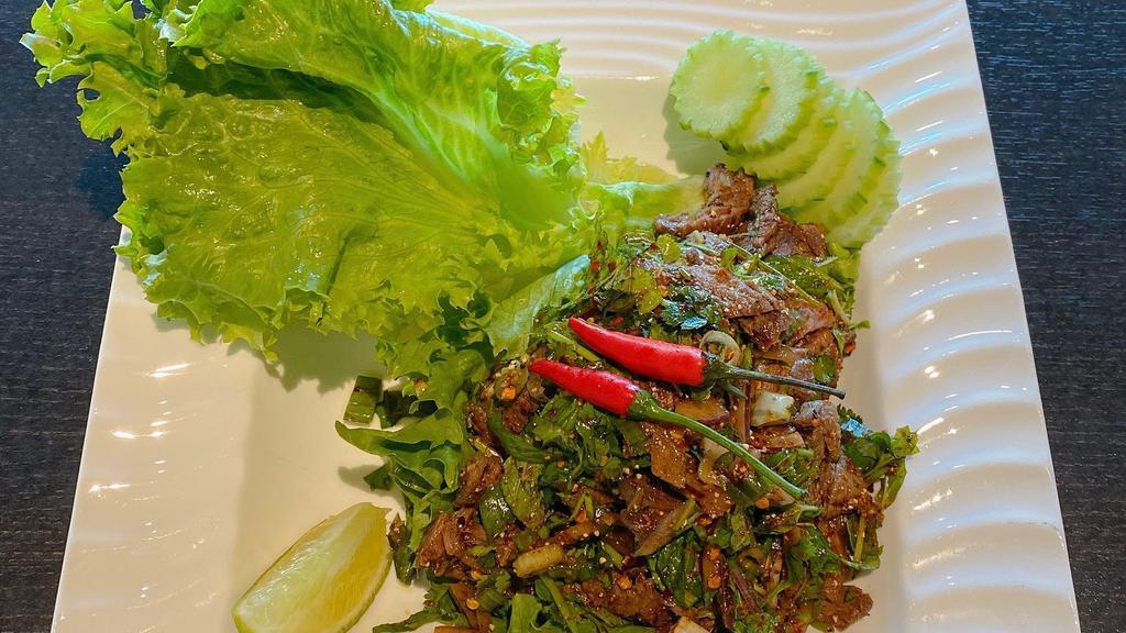 B3. Namtok · Grilled sliced beef tossed in lime juice with mint, cilantro, onion, and rice powder.