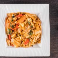 E1. Pad Ke Mao (Drunken Noodles) · Spicy. Thick rice noodle stir-fry with bell peppers, tomatoes, carrots, basil and choice of ...