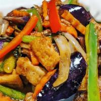 H3. Basil Eggplant · Eggplant, bell peppers, onions, carrots, and basil sautéed in house garlic sauce with choice...