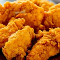 Chicken Tenders · Five pcs crispy golden white meat chicken tenders with choice of dipping sauce.