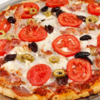 Tony Gourmet Pizza · A SECOND PROUD PIZZA, ITALIAN STYLE.  VIVA TONY!  Prosciutto, pancetta, pepperoni, olives, m...