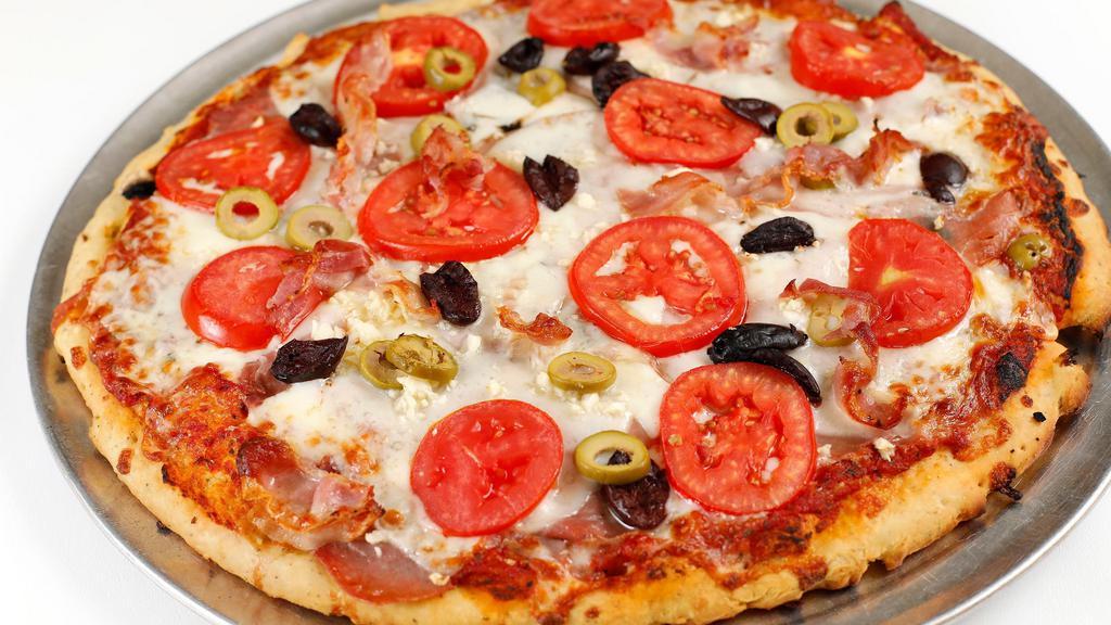 Tony Gourmet Pizza · A SECOND PROUD PIZZA, ITALIAN STYLE.  VIVA TONY!  Prosciutto, pancetta, pepperoni, olives, mushroom, tomato, Provolone.