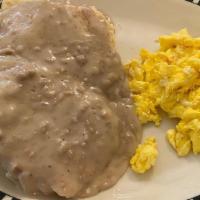 Biscuits and gravy and two eggs · 
