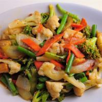 105.  Seasonal Vegetables · Stir fried broccoli, green beans, carrots & water chestnuts w/ garlic