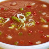 Chilled Gazpacho · A refreshing chilled puree of fresh vegetables, including tomatoes, cucumbers, green Onions,...
