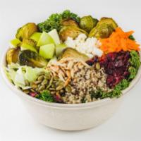 Brussels, Kale & Quinoa · Massaged kale, roasted brussels sprouts, tri-color quinoa, carrots, cabbage, granny smith ap...