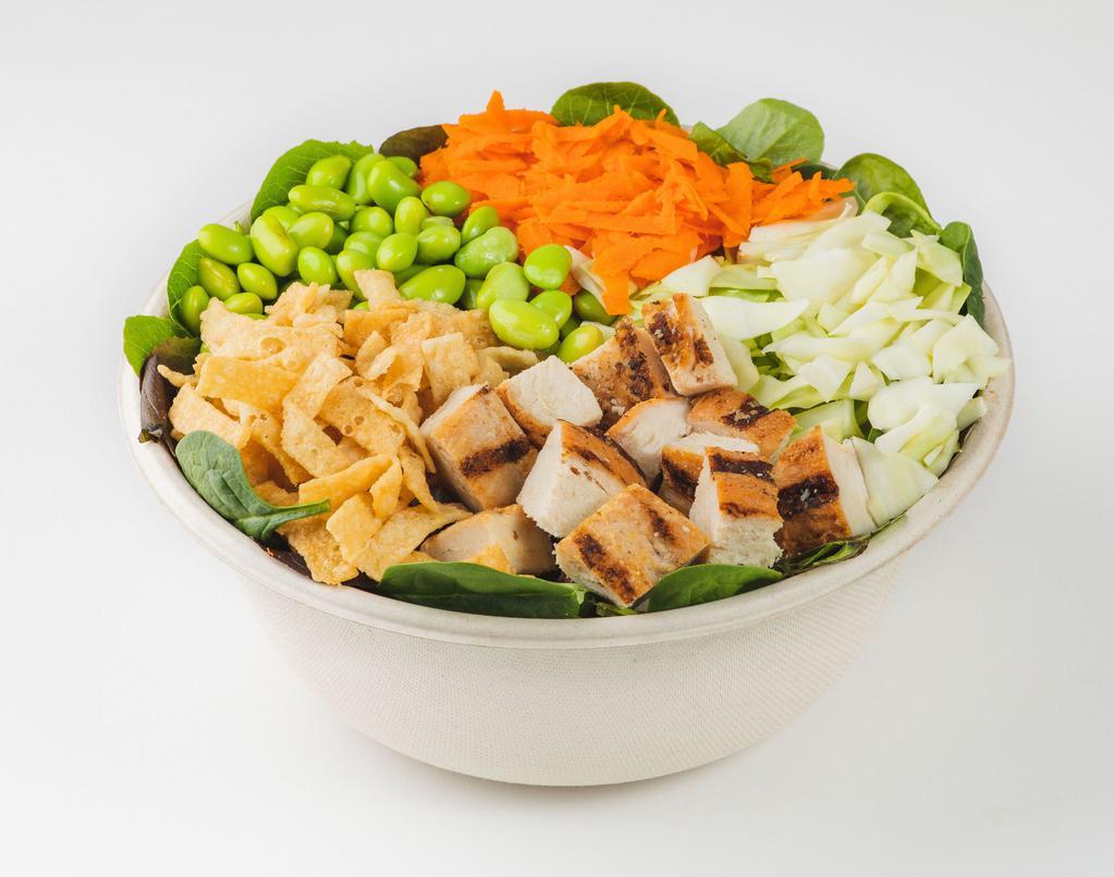 Asian Chicken or Tofu · Organic mixed greens, Mary’s free-range chicken, edamame, carrots, cabbage & wonton strips with miso sesame vinaigrette. Dairy free.