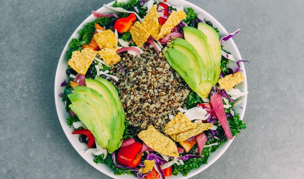 Pico Kale · Tri-color quinoa, massaged kale, avocado, black beans, red bell peppers, cabbage, pickled red onions & tortilla chips with pico de gallo vinaigrette. Spicy, dairy free, gluten free, vegetarian.