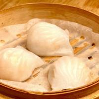 Har Gow 蝦餃 · Canton style steamed shrimp dumplings. Contains pork fats. Non-spicy. 3 per order