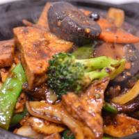 Sichuan Lohan 四川羅漢 · Stir-fried vegetables with meatless chicken, fried tofu, and peppercorn sauce. Spicy