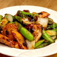 King Salmon & Asparagus 利筍三文 · Pan-fried salmon and asparagus mixed in our delicious black bean sauce. Non-spicy.