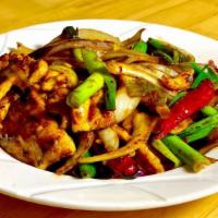 Mongolian Chicken 蒙古雞 · Tender white meat chicken stir-fried with white onions, chili pepper jalapeño in brown sauce...