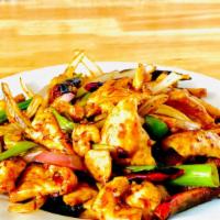 Sichuan Chicken 四川雞 · White meat chicken stir-fried with peppercorn powder, jalapeño, snap peas, bell peppers, whi...