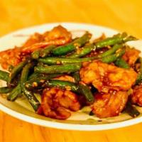 String Bean Beef 四季豆牛 · Tender beef slices, fried string beans stir-fried with brown sauce.