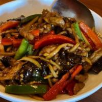 Yu Xiang Pork 魚香肉絲 · Shredded pork, bamboo shoots, black fungus, and bell peppers stir-fried in spicy garlic brow...