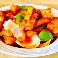Sweet & Sour Chicken 古老雞 · Deep-fried chicken nuggets stir-fried with pineapple, bell peppers and white onions in sweet...