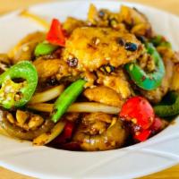 Sichuan Fish 四川魚片 · White fish slices stir-fried with peppercorn powder, jalapeño, snap peas, bell peppers, whit...