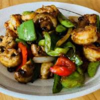 Sichuan Prawns 四川蝦 · White prawns stir-fried with peppercorn powder, jalapeño, snap peas, bell peppers, white oni...
