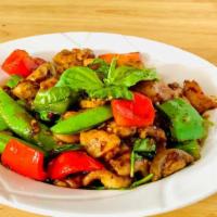 Basil Fish 香菜魚片 · White fish slices stir-fried with Italian basil, bell peppers, mushrooms and snap peas. Spicy.