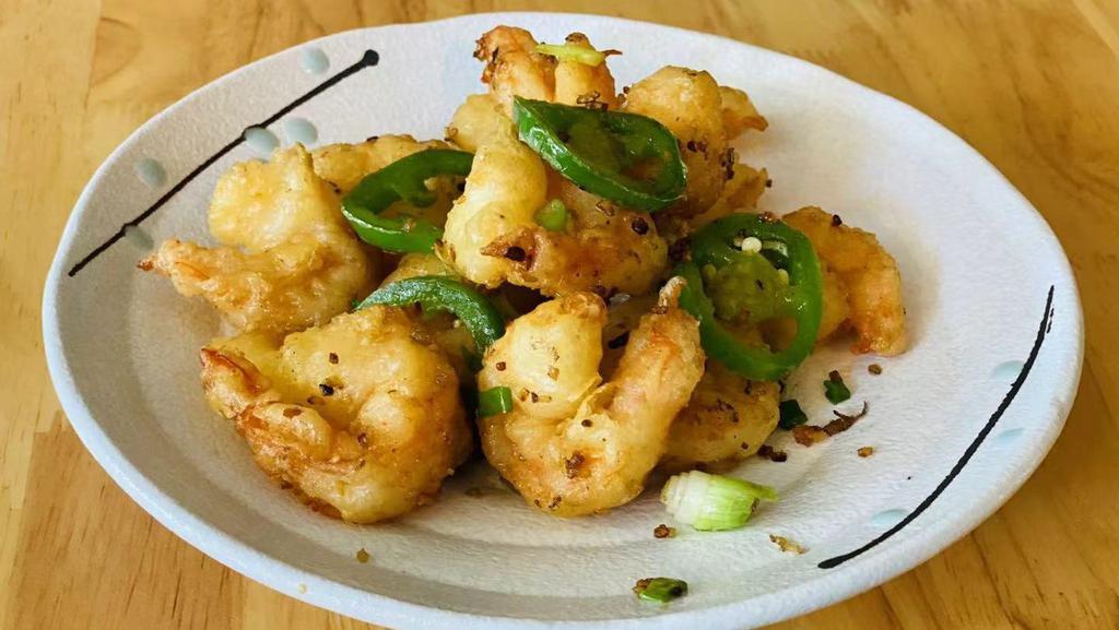 Salt &  Pepper Prawns 椒鹽蝦 · Deep-fried prawns  stir-fried with salt, pepper, jalapeños, green onions and garlic.