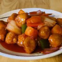 Sweet & Sour Meatless Chicken 古老素雞 · Deep-fried meatless chicken mixed with pineapple, bell peppers and white onions in sweet and...