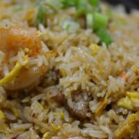 Spicy Mala Fried Rice 麻辣炒飯 · Shrimp, beef and chicken fried rice stir-fried with eggs, peppercorn powder, jalapeños, gree...