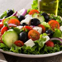 Greek Salad · Fresh Spring Mix tossed with Black Olives, Cherry Tomatoes, Feta Cheese, Red Onions, Cucumbe...