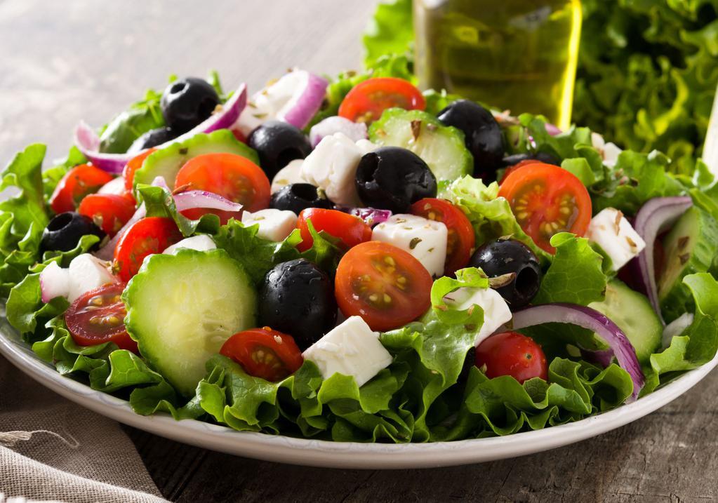 Greek Salad · Fresh Spring Mix tossed with Black Olives, Cherry Tomatoes, Feta Cheese, Red Onions, Cucumber, and Balsamic Vinaigrette