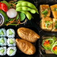 Vegetables & Tofu Bento · Salad, fried tofu with fish broth thick sauce,edamame,salad,cucumber roll,2pc Inari,chef’s c...