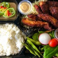 Chicken Sauce Katsu Bento · Deep fried chicken thigh with marinated special sauce,salad,rice,two small side dish