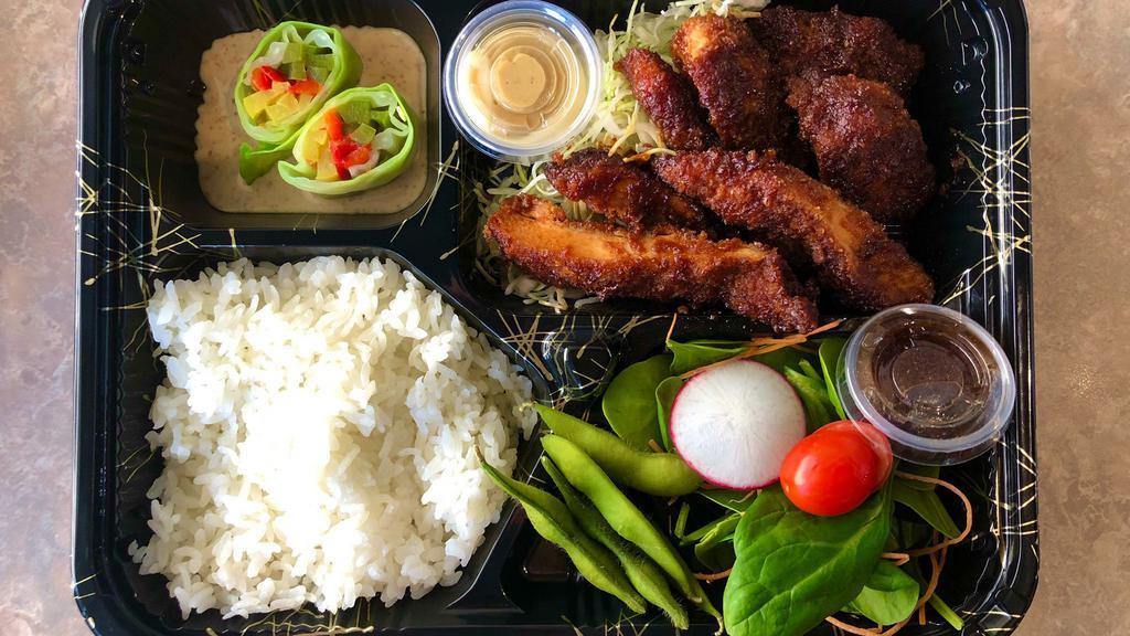 Chicken Sauce Katsu Bento · Deep fried chicken thigh with marinated special sauce,salad,rice,two small side dish