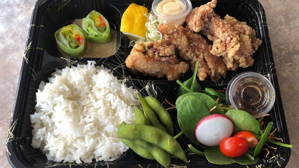 Chicken Karaage Bento · Deep fried chicken,salad,rice,two small side dish