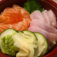 Sake Hamachi Don · Salmon sashimi hamachi sashimi and salmon roe over rice