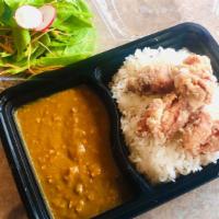 Chicken karaage curry · Minced chicken and vegetables curry sauce,deep fried chicken,rice,salad