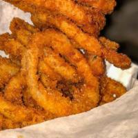 Onion Rings · Beer battered and panko crusted, spicy chipotle bbq sauce.