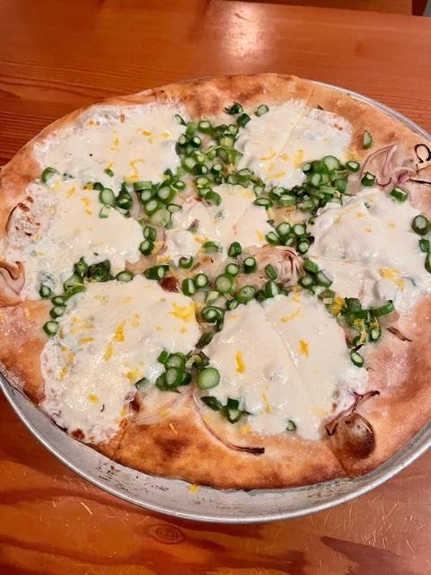 Asparagus Pizza · Asparagus, Parmesan cheese, lemon, red onion and mozzarella
