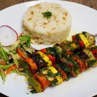 Veggies Souvlaki · Veggies Skewers / Rice / Spring Salad.
