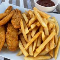 Chicken Strips · 3 Chicken strips with fries  with a side of Ranch or BBQ sauce.