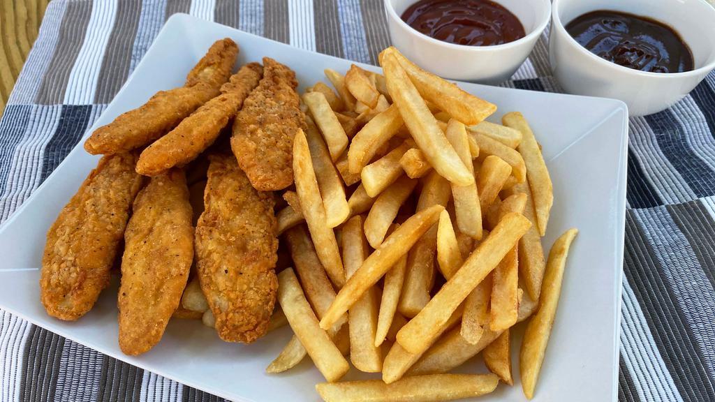 Chicken Strips · 3 Chicken strips with fries  with a side of Ranch or BBQ sauce.