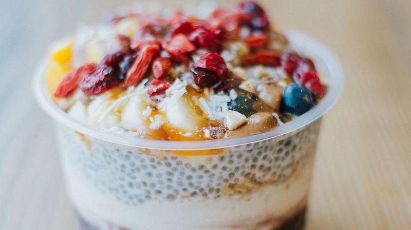 Chia Pudding Parfait · Chia Pudding, Granola, Honey, Strawberry, Banana, Blueberry